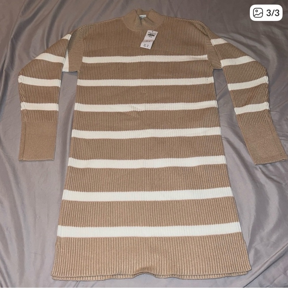 Striped Knit Sweater Dress - Beige & White